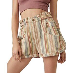 NWT Free People Topanga Yarn-Dyed Shorts L Tan Combo Paperbag Cotton Madras